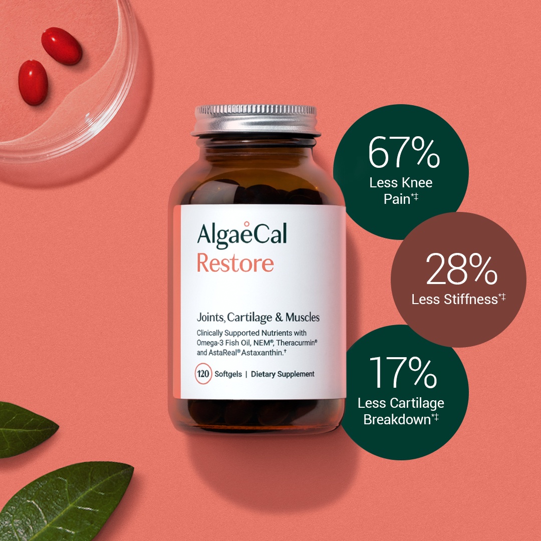Bottle of AlgaeCal Restore joint supplement with red softgels and stats for reduced knee pain, stiffness, and cartilage breakdown.