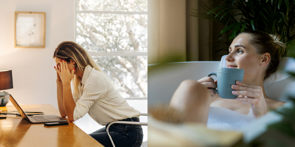 Split image: Woman experiencing burnout, woman relaxing.