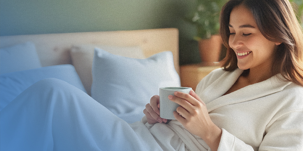 Woman waking up with a peaceful smile