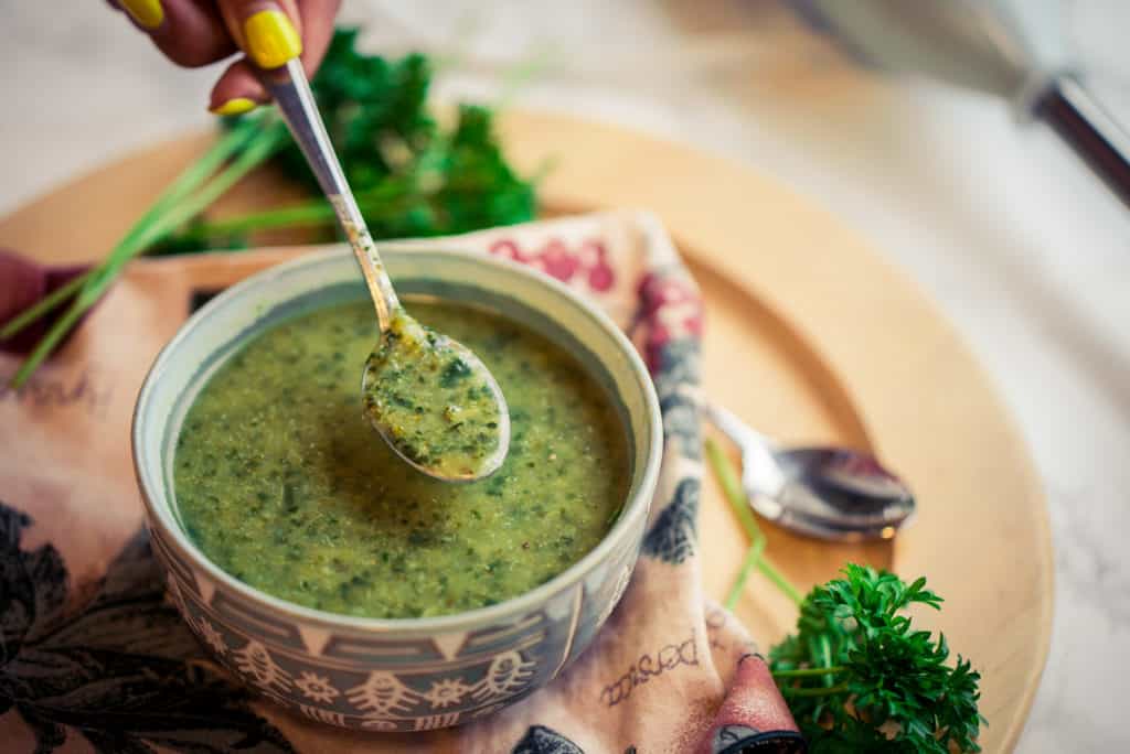 Broccoli Spinach Soup with spoon