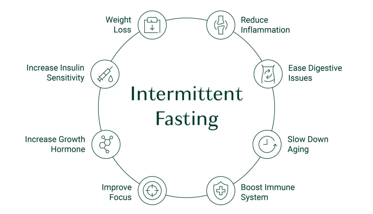 Benefits of Intermittent Fasting: Reduce Inflammation, Ease Digestive Issues, Slow Down Aging, Boost Immune System, Improve Focus, Increase Growth Hormone, Increase Insulin Sensitivity and Weight Loss